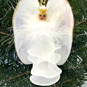 Handmade White Angel Clamshell Christmas Tree Ornament #1 NWT